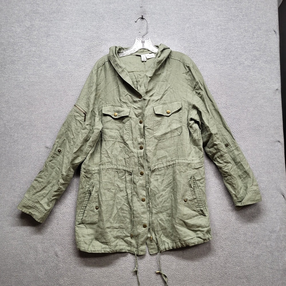 Style & Co. Women Jacket 16 Green Linen Military Utility Button Drawstring